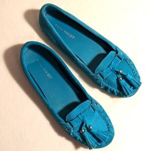 Nine West Suede Leather Tassel Teal Blue Moccasin Flats Women's 7.5